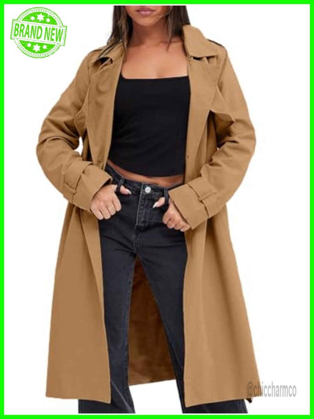 Womens Double Breasted Trench Coat 100% Polyester Belted Long Overcoat